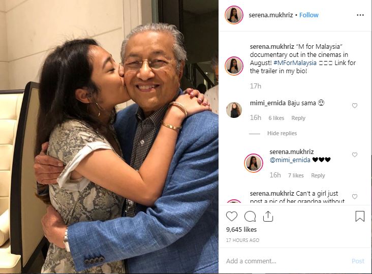 瑟琳娜分享和祖父马哈迪拥抱的照片。（截自瑟琳娜Instagram）