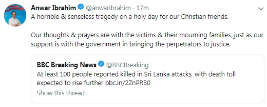 安华发推文，谴责发动斯里兰卡连环爆炸的凶手。(图取自安华推特）