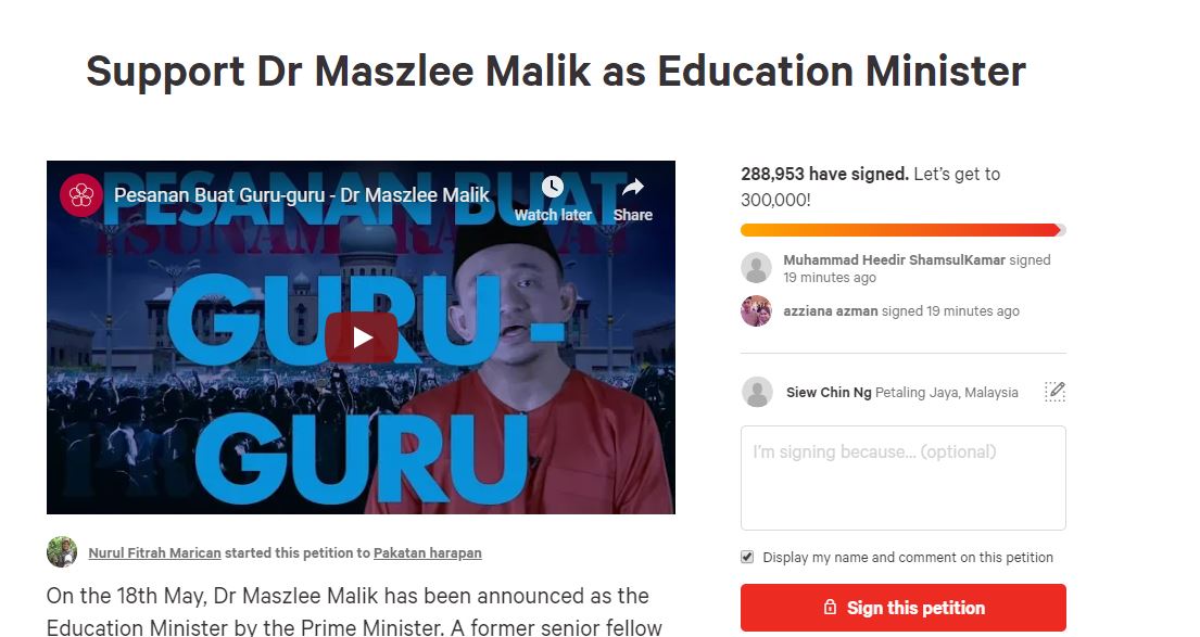由网友“Nurul Fitrah Marican”去年发起的“挺马智礼”联署运动，至今累计的签署人数超过28万8900人。