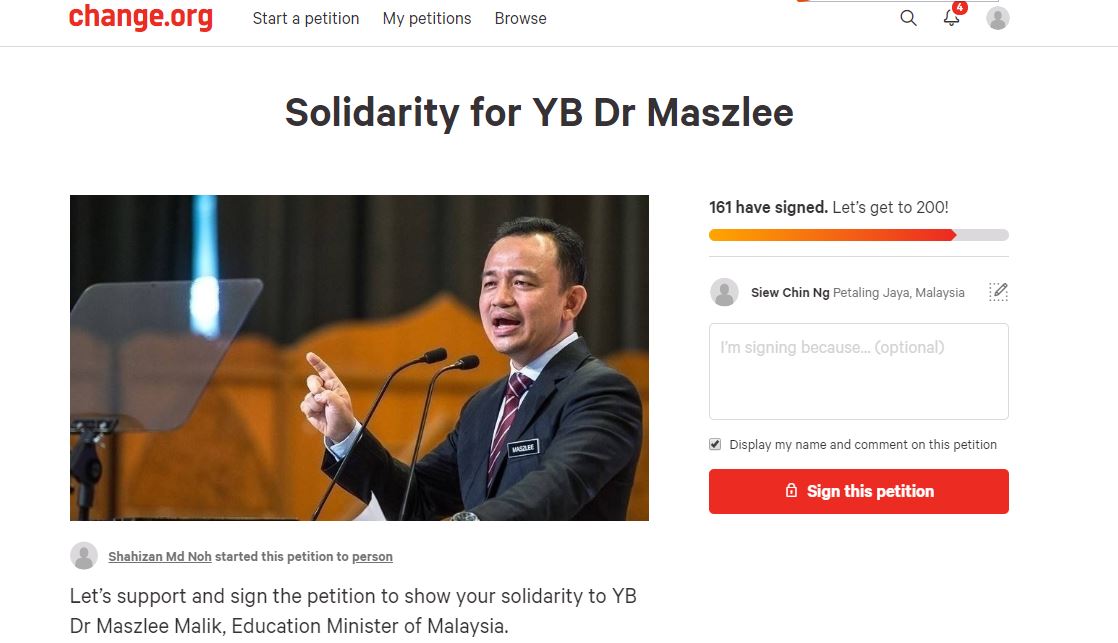 由网友“Shahizan Md Noh”发起的“挺马智礼”联署运动，至今有超过160人签署。