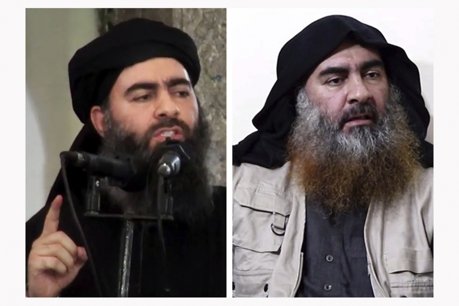 左为2014年7月5日在伊拉克摩苏尔时首次露面的巴格达迪；右为最新视频中的巴格达迪。