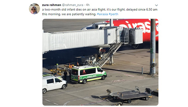 有网民通过推特上载照片，指称因发生婴儿在客机上身亡，导致航班延误。
