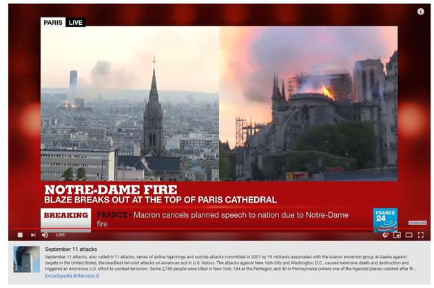 据截图显示，在法国电视台France 24的直播视频下方，出现了911恐袭的说明和相关连结。（互联网）