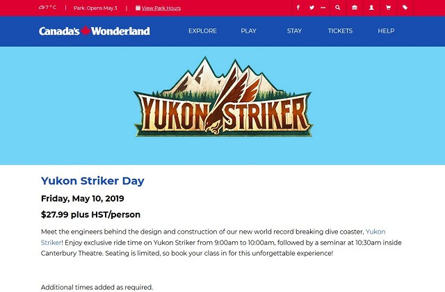 Canada's Wonderland还将在5月10日上午举办“Yukon Striker Day”（育空前锋日）。
