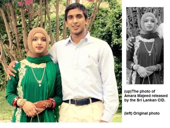右边黑白色小图为斯里兰卡警方早前在发布恐袭女嫌犯卡迪亚时，错配美国女大生马吉德的照片。左边大图是马吉德提供的原照。