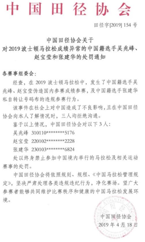 中国田径协会处罚公告。