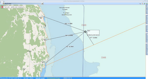大马海事执法局发布的渔船翻覆位置图。