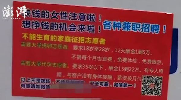 中国卖卵的广告多在高中校园的女厕内，常以“爱心捐卵”、“缺钱的女性注意啦”等字眼吸引女学生注意。