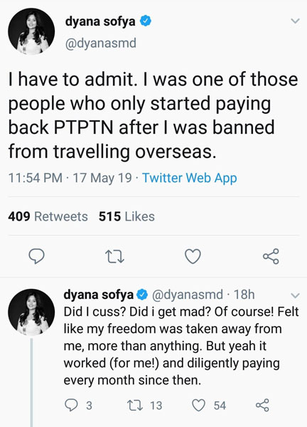 黛安娜在社交媒体坦言，她曾是其中1名因为被禁止出国，才缴付高等教育基金贷款的人。