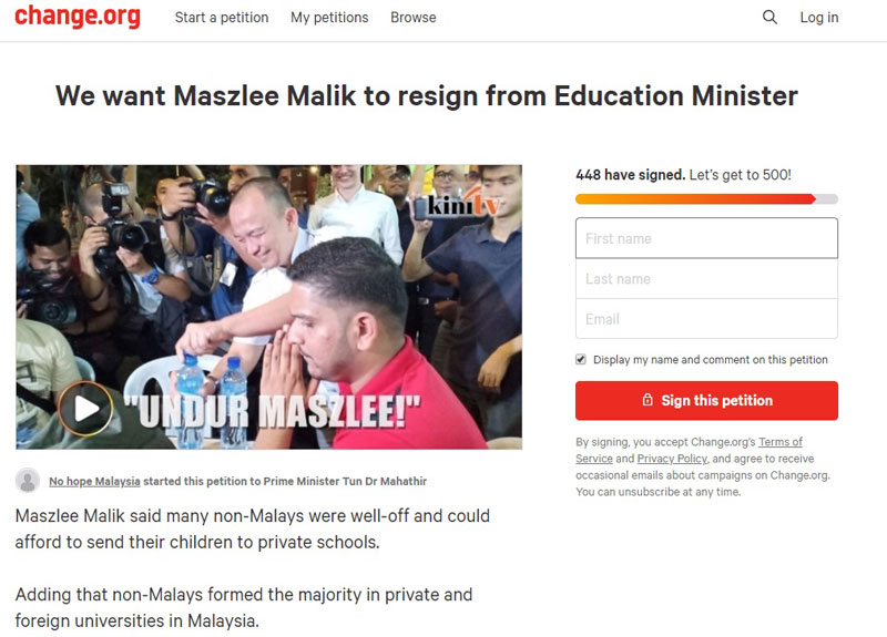 家长在“Change.org”网上联署，要求马智礼辞职。