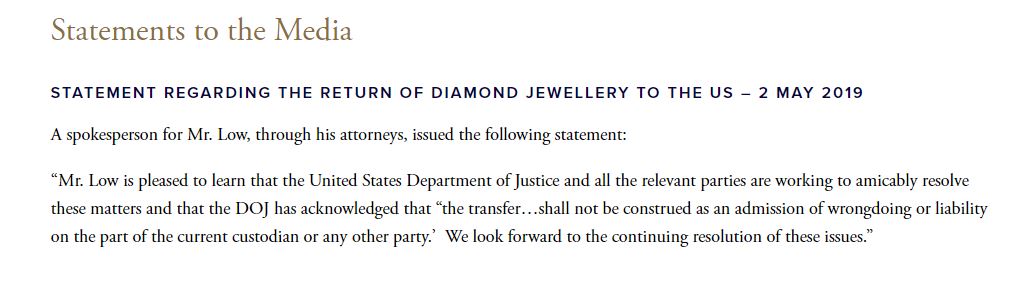 刘特佐很高兴美国司法部承认交出钻石耳环不代表认罪一事。（截图取自刘特佐网站）