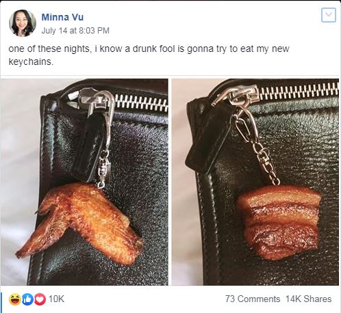 Minna Vu在面子书张贴所购买的鸡翅膀和猪腩肉造型锁匙圈。（取自Minna Vu面子书）