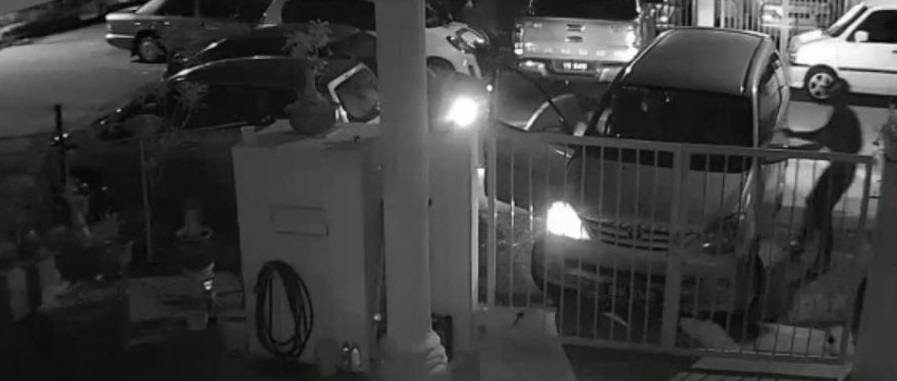  2名匪徒左右夹攻，一人敲破司机车窗，并在打开车门后，把车上的这对母女扯下车。