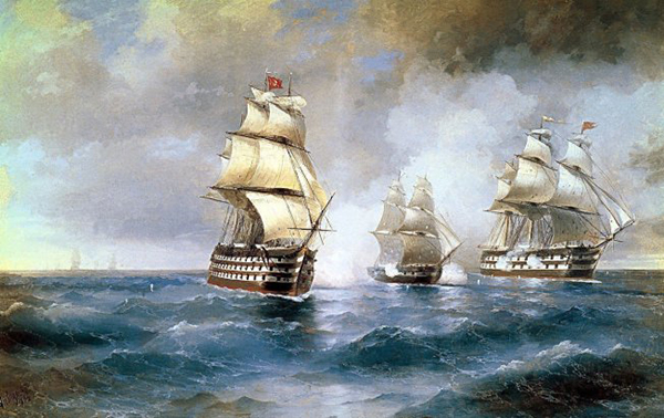 伊凡艾瓦佐夫斯基知名画作《水星号双桅横帆船被两艘土耳其船攻击》。