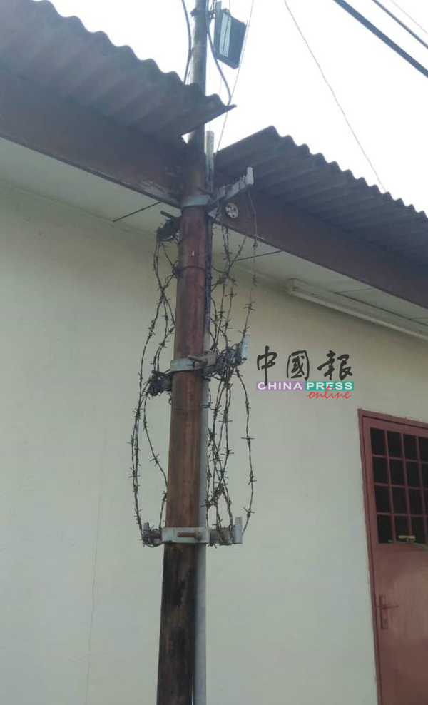 为防止毛贼爬上柱子，居民做好安全措施，在柱子缠绕带有尖刺的铁网。