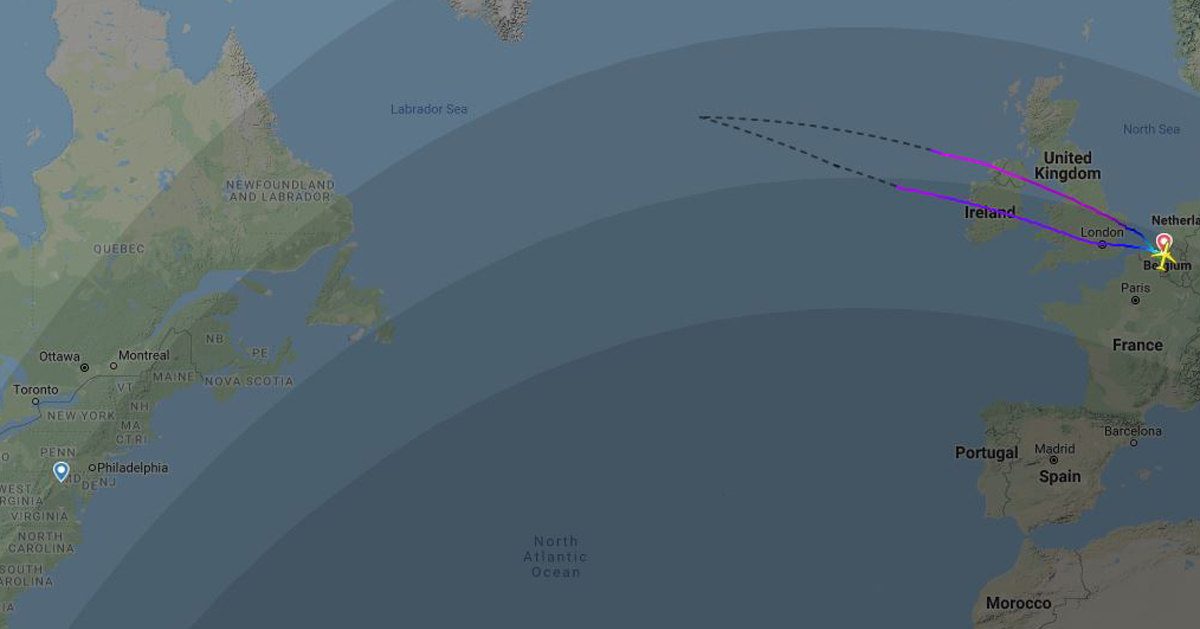 flightradar24网站显示SN515号航班飞过爱尔兰后调头返回布鲁塞尔。