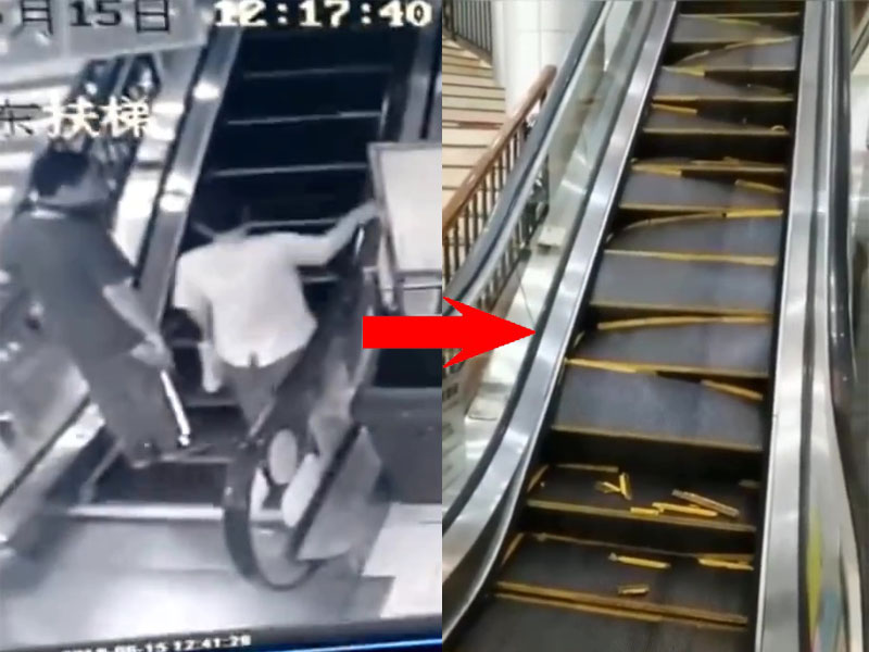 两名男子在乘搭手扶梯时，身后的电梯台阶突然发生崩裂。