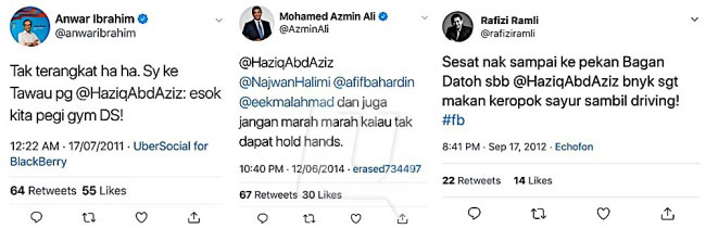 社交媒体流传数则哈兹阿兹与多名公正党领袖，如安华、阿兹敏和拉菲兹的互动。（图取自《马来西亚前锋报》）
