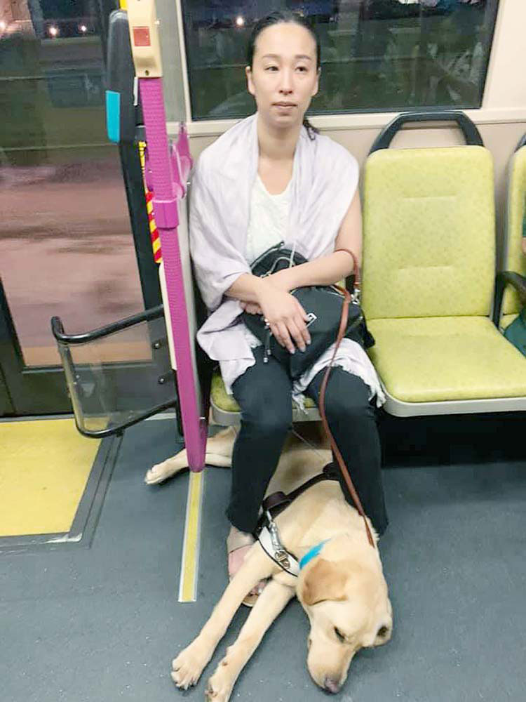 邱美美与导盲犬Elke在巴士车长的帮助下，在巴士上找到了座位。（取自面子书）