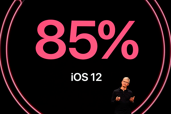 苹果总执行长库克在大会上指，iOS 12的安装率达85%。图:法新社