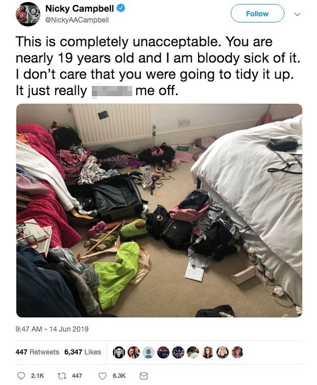 英国广播公司（BBC）电台广播员坎贝尔，周五在推特分享了他女儿脏乱的卧室照片。