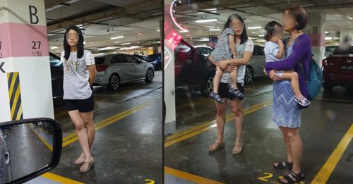 网友不满拍照上网 妇女抱小孩霸占停车位