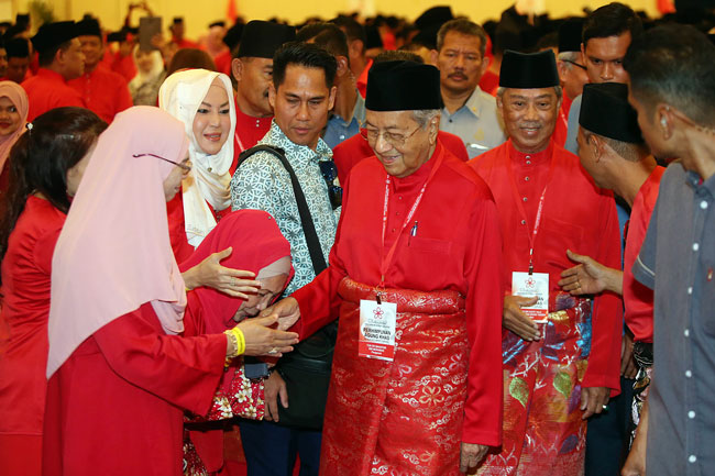 马哈迪（右2）和慕尤丁（右）抵达大会时，获得党员热烈欢迎。