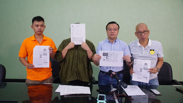 王志明(左起)、陈女士、游佳豪和林晋伙呼吁公众别相信万字传单的内容，免得由贪变贫。