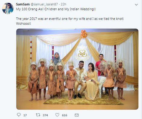 塞缪尔在推特分享了他在2017年结婚时和原住民小孩的照片。（截自塞缪尔推特）