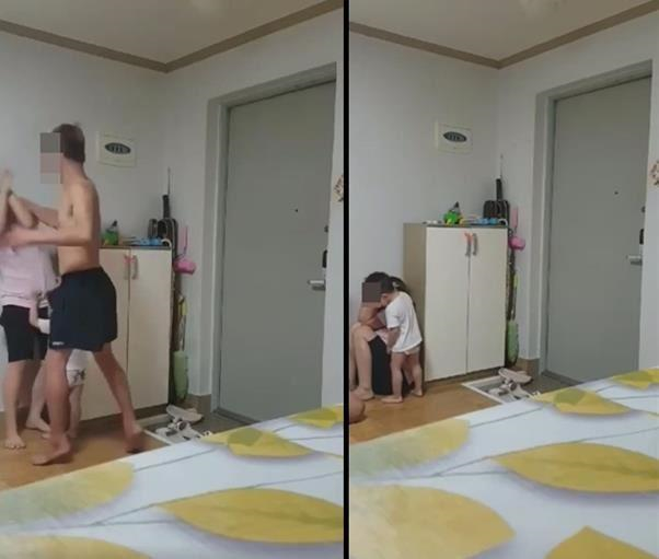 韩国男子在儿子面前，对妻子拳打脚踢。