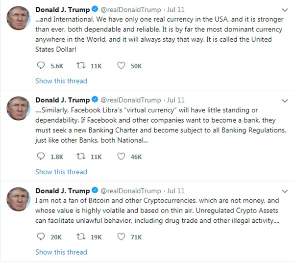 特朗普连发3个推文，批评从比特币到面子书Libra在内的加密货币。