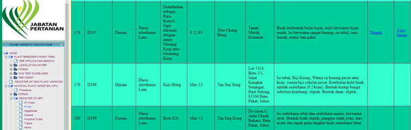 农业局官网显示坤玉王榴梿的注册详情。（截图取自农业局官网）