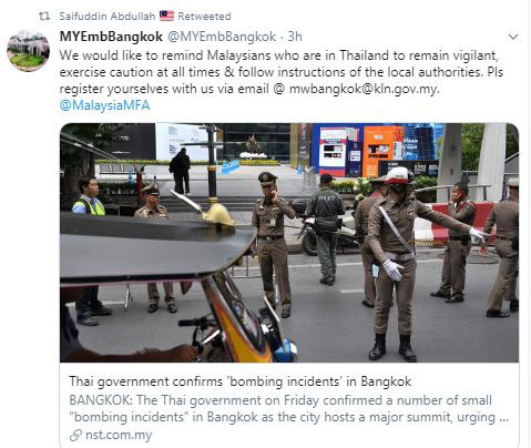 大马驻泰国大使馆呼吁身处曼谷的大马人必须时刻保持警惕。（截自大马驻泰国大使馆推特）