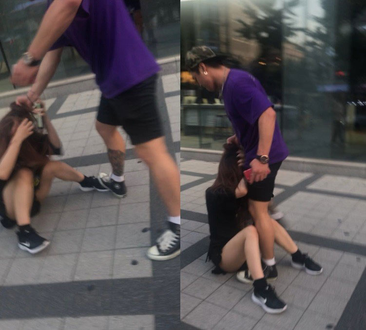 尽管MiyuRin已经被打倒在地，韩男还是不停狠抓她的头发痛殴，甚至出脚狠踹。