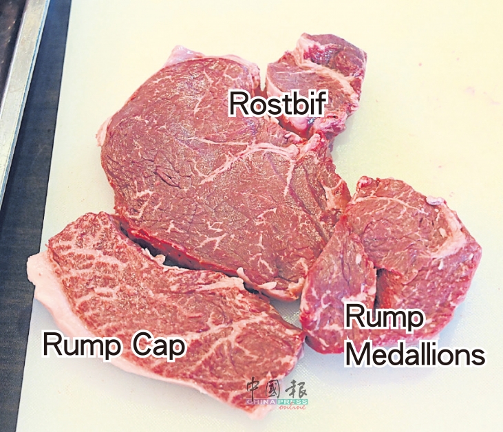 从D Rump可分割出三个部分：Rump Cap、Rostbif和圆形的Rump Medallions。Rump Medallions可用麻绳子固定其圆形后，以烧烤、焗、煎的方式烹调；Rostbif是普通家庭会用绳子绑起来后，入烤箱烤的肉，它比Ribeye廉价，但肉也较瘦。 