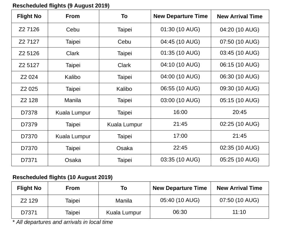 亚航调整9日和10日往返台北的航班。（截图取自亚航官网）