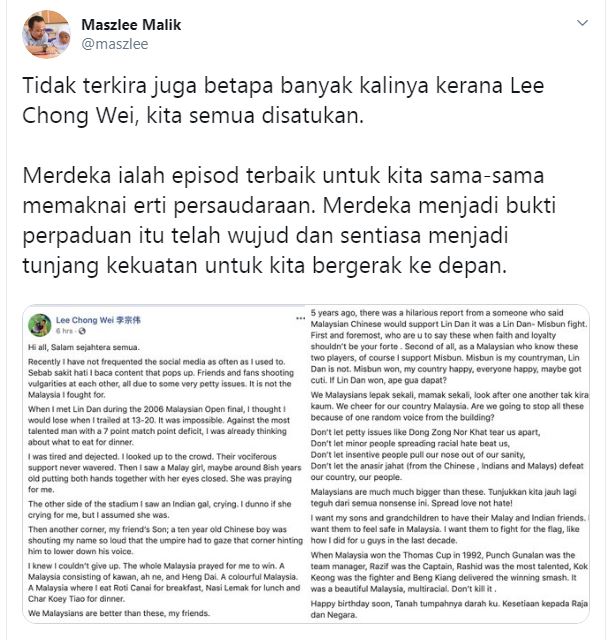 马智礼对李宗伟以马来西亚公民自居感到骄傲。（取自马智礼推特）