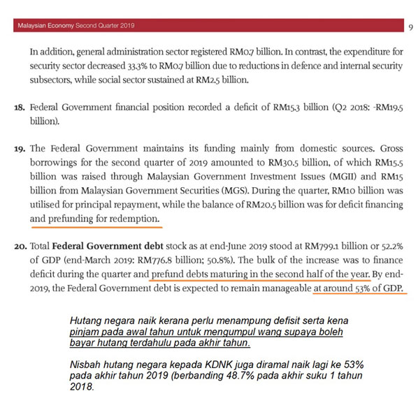 纳吉展示2019年第二季度国家财政报告，里头阐明国债占国内生产总值比率为53%。