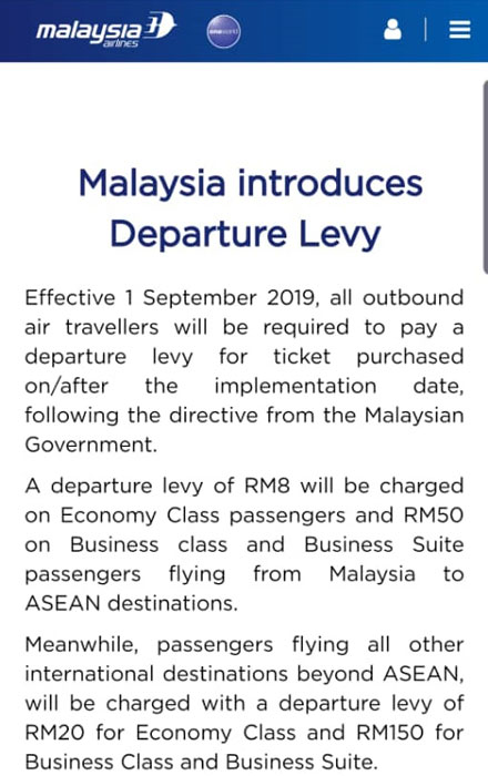 马印航空和马航在网站上载讯息，说明9月1日起才征收离境税。