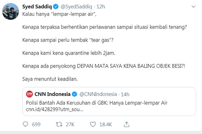 赛沙迪在推特上，质疑印尼警方的说法。