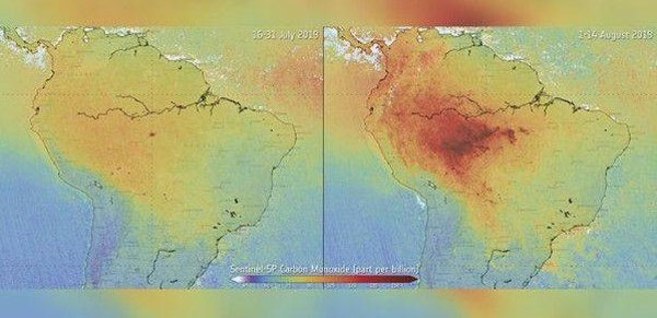 亚马逊8月（右）的空气污染问题比7月（左）严重。