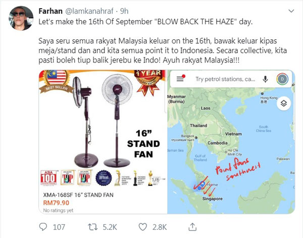 法汉在推特发文建议国人用风扇把烟霾吹回印尼。（取自法汉推特）
