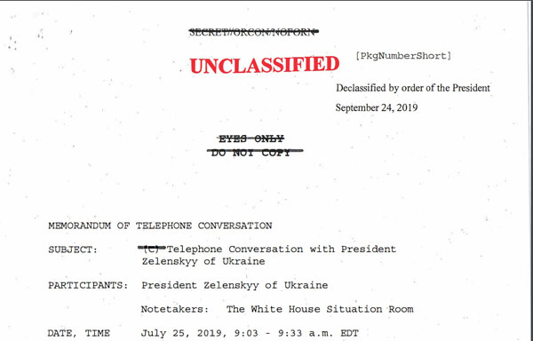白宫周三公开的通话记录剪影。