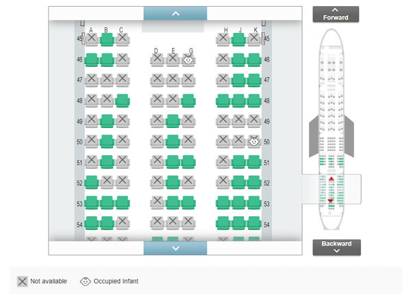 日航旅客网络购票时，座位表会显示婴儿座位。