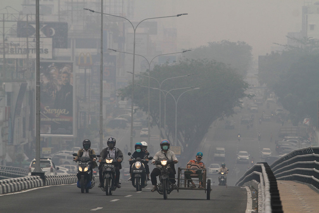 廖內省首府北幹巴魯周五可見煙霾籠罩市區。（法新社）