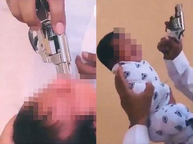男子将射击后的手枪直接塞进婴儿嘴里。