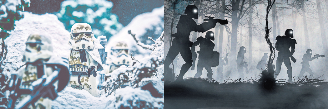 星际大战 利用面粉布置成雪景，不同神态和灯光重叠的效果，呈现了“星际大战”不同的梦幻场景。