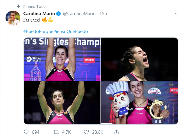 卡罗琳娜马琳在社交媒体开心分享胜利归来的喜悦。（马琳推特截图）