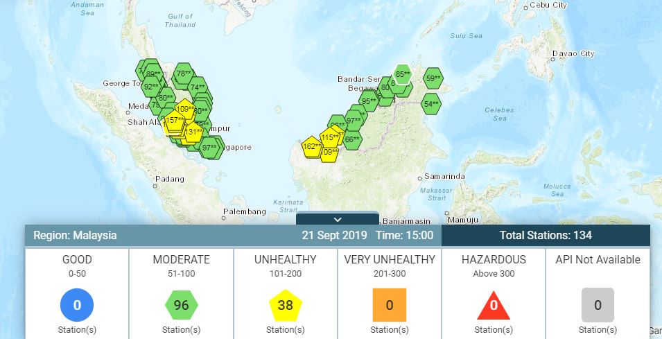 截至周六下午3时，国内19个地区的空气素质不健康，48个地区空气素质中等。