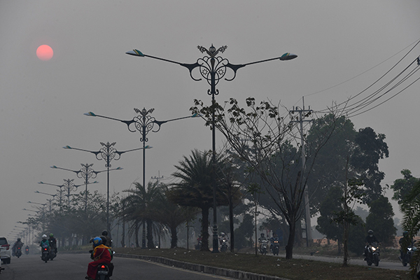 廖内省甘帕市笼罩在烟霾中，摩哆骑士缓慢行驶。（法新社）